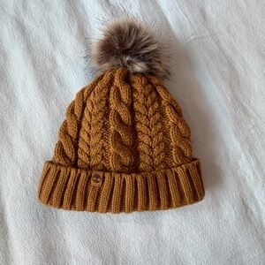 Timberland Wheat Brown Cable Knit Beanie Faux Fur Pom Sherpa Lined Winter Hat OS